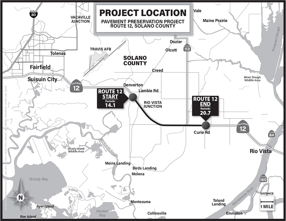 Project location map for the pavement preservation project on State Route 12 in Solano County. The projects starts at Postmile 14.1 and ends at Postmile 20.7.