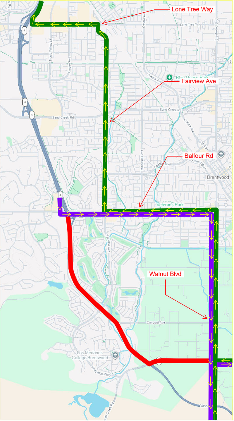 SR-4 Closure from Balfour Road to Walnut Boulevard Detour Map. WESTBOUND - From Vasco Rd: Make a right on Walnut Blvd; Turn left on Balfour Rd; Turn right on Fairview Ave; Turn left on Lone Tree Way; Take the WB Hwy 4 onramp. From Byron and Discovery Bay: Turn right on Walnut Blvd; Turn left on Balfour Rd; Turn right on Fairview Ave; Turn left on Lone Tree Way; Take the WB Hwy 4 onramp. EASTBOUND - To Livermore: Exit EB Hwy 4 on Balfour Rd; Turn Left on Balfour Rd; Turn right on Walnut Blvd; Follow Walnut Blvd; Left turn on Vasco Rd. To Byron and Discovery Bay: Exit EB Hwy 4 on Balfour Rd; Turn Left on Balfour Rd; Turn right on Walnut Blvd; Follow Walnut Blvd; Turn right on Marsh Creek Road.