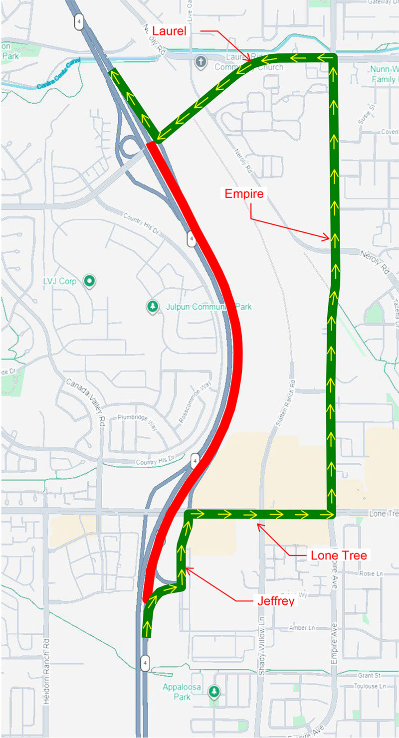 State Route 4 Full Closure from Lone Tree Way Laurel Road to Detour Map. WESTBOUND - From WB SR-4:Take Lone Tree Way Exit; Turn left on Jeffrey Way; Turn right on Lone Tree Way; Turn left on Empire Ave; Turn left on Laurel Rd; Take WB on-ramp to SR-4.