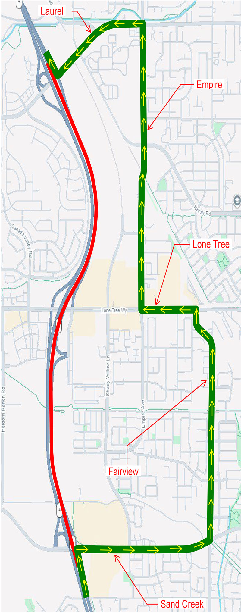 State Route 4 Full Closure from Sand Creek Road to Laurel Road Detour Map. WESTBOUND - From WB SR-4: Take Sand Creek Road Exit; Turn left on Fairview Ave; Turn left on Lone Tree Way; Turn right on Empire Ave; Turn left on Laurel Rd; Take WB on-ramp to SR-4.