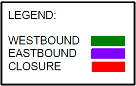 Map legend. Westbound: Green. Eastbound: Purple. Closure: Red.