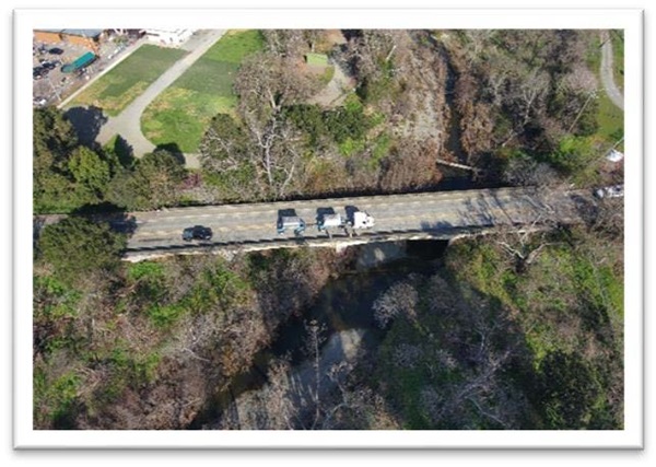 Aerial view of the Arroyo de la Laguna Bridge on State Route 84 (Niles Canyon Road) near Sunol in Alameda County.