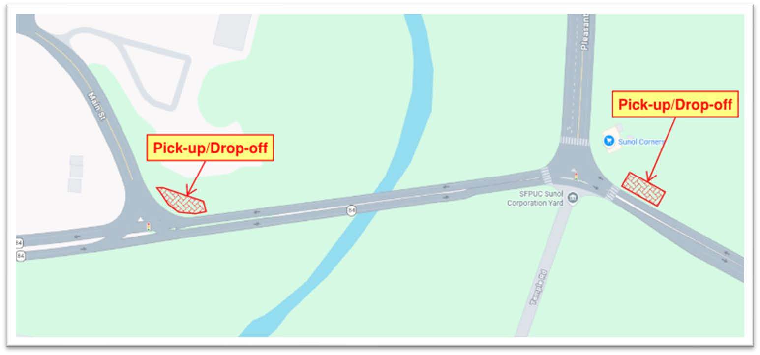Map showing the pick-up/drop-off location for the shuttle provided for pedestrians and cyclists during the Arroyo de la Laguna Bridge Project. The pick-up/drop-off zone on the western side of the project is in the Northeast corner of the intersection of SR-84 and Main Street. The pick-up/drop-off zone on the eastern side of the project is in the Northeast corner of the intersection of SR-84 and Pleasanton Sunol Road.