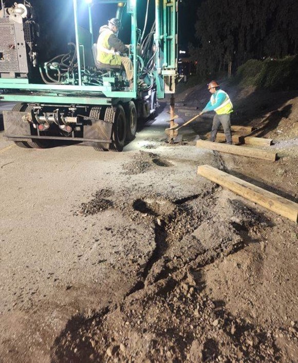 Caltrans crew performing guardrail and paving work as part of the Multi-Asset Rehabilitation & Roadside Safety Project. 