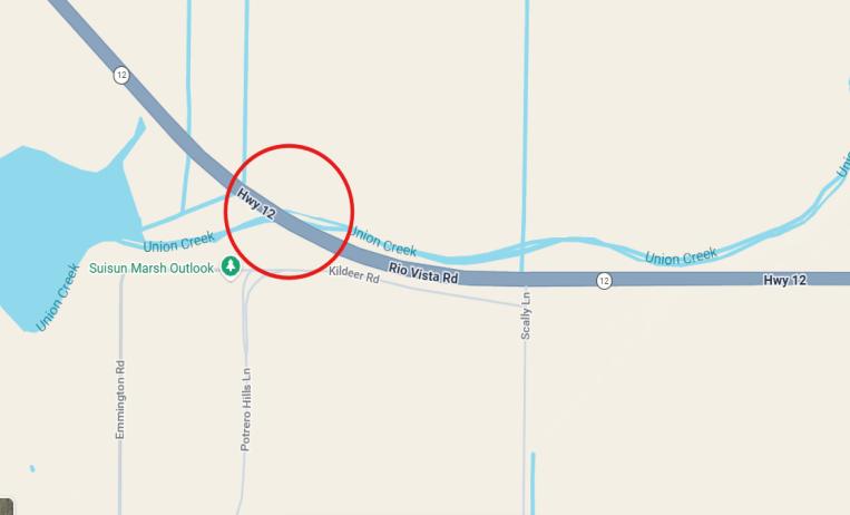 Map where Nightly One-way Traffic Control on State Route-12 (SR-12) for Pavement Rehabilitation at Union Creek Bridge near Suisun City in Solano County.