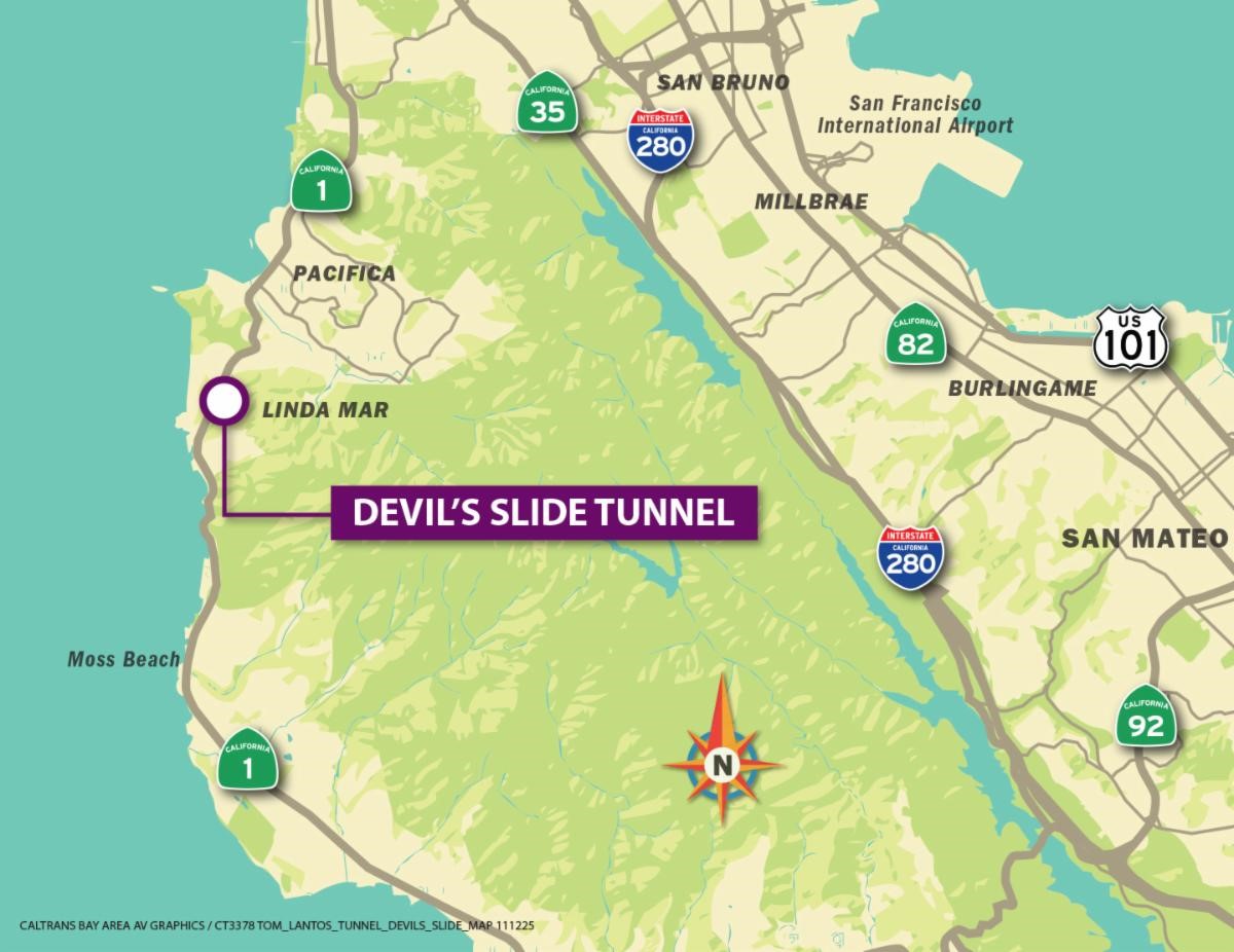Map showing the location of the Devil's Slide Tunnel (Tom Lantos Tunnels) on State Route 1 in San Mateo County near Linda Mar.