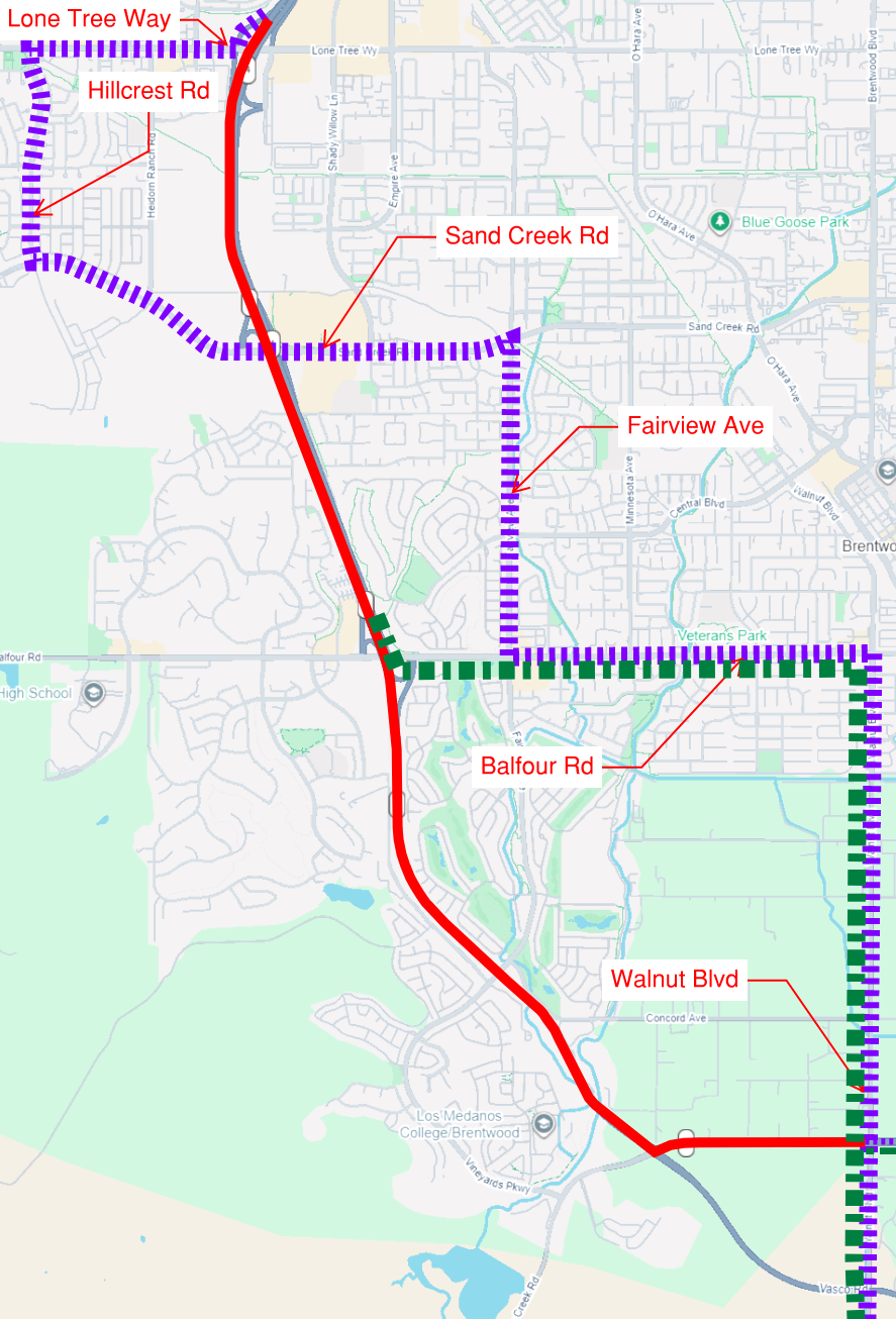 Detour map for Overnight Full Closures on State Route 4 Scheduled Between Lone Tree Way and Walnut Boulevard in Contra Costa County. Please see posted detour route.