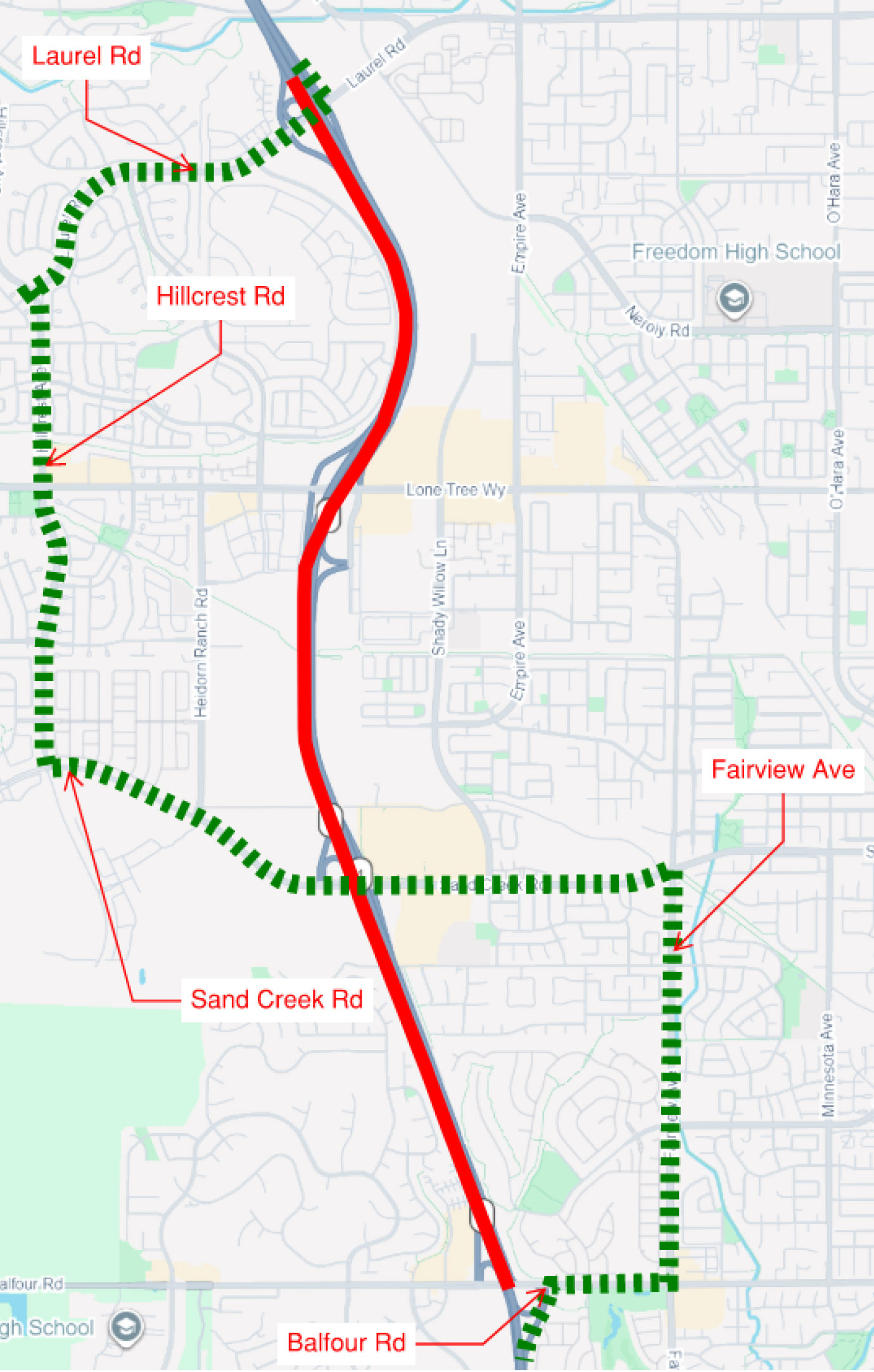 Detour map for Overnight Full Closures on State Route 4 Scheduled  Between Balfour Road and Laurel Road in the City Of Brentwood. From WB SR-4: Take Balfour Rd Exit; Turn right on Balfour Rd; Follow Balfour Rd; Turn left on Fairview Ave; Turn left on Sand Creek Rd; Turn right on Hillcrest Rd; Turn right on Laurel Rd; Take WB on-ramp to SR-4
