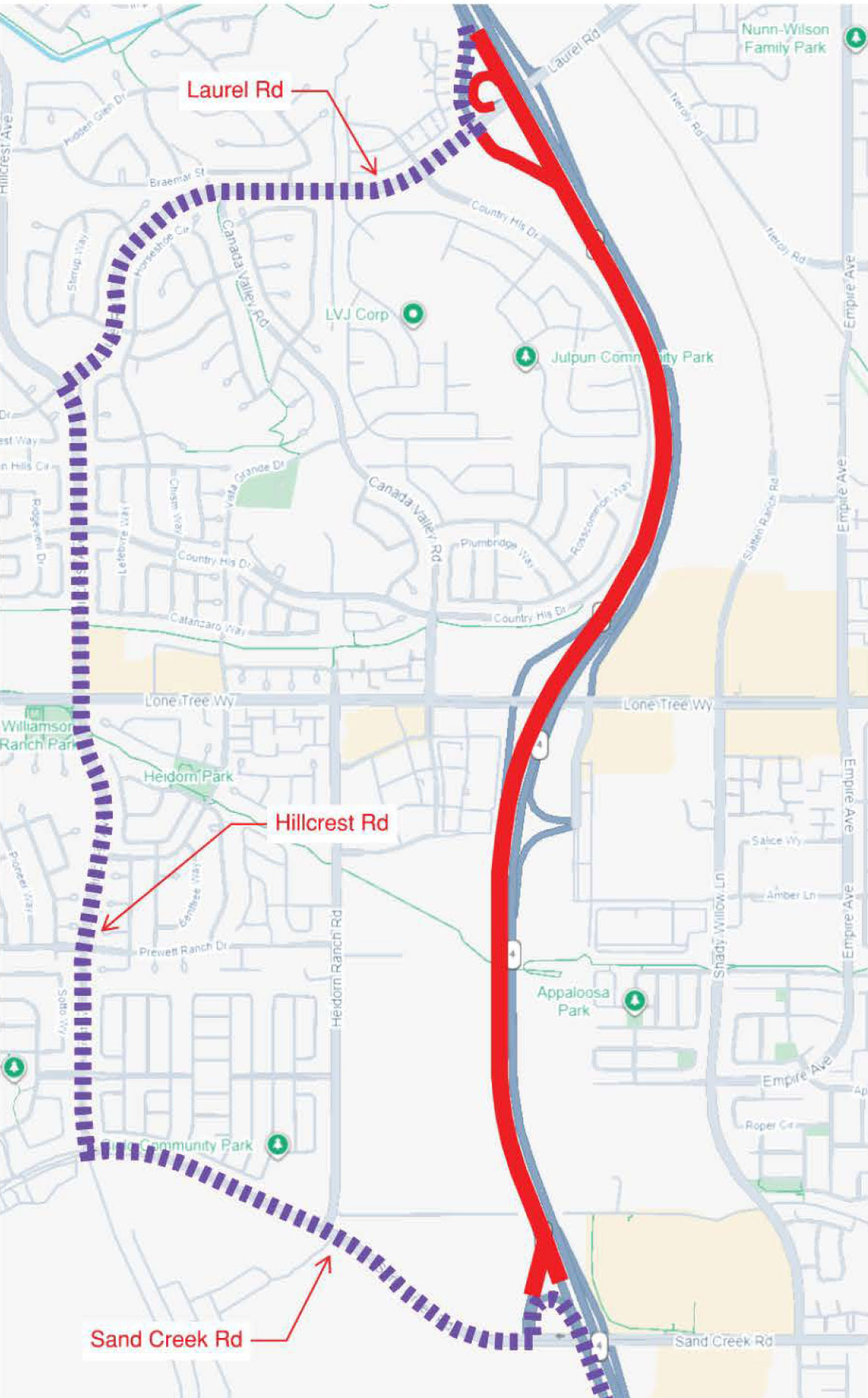 Eastbound State Route 4 overnight full closures between Laurel Road and Sand Creek Road. From WB SR-4 take Laurel Road Exit; Turn right on Laurel Road; Follow Laurel Rd; Turn left on Hilcrest Rd; Turn left on Sand Creek Rd; Take EB on-ramp to SR-4