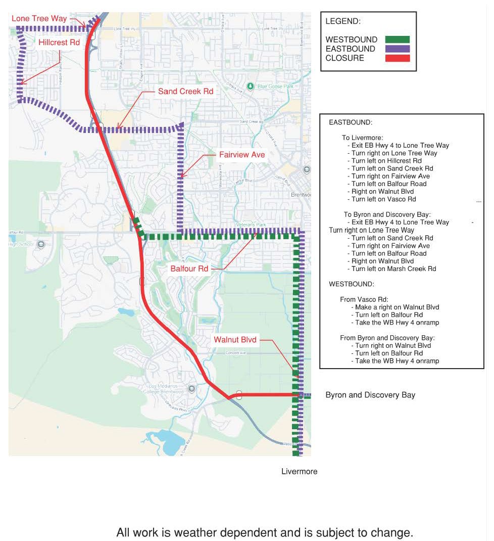 Detour map for Overnight Full Closures on State Route 4 Scheduled Between Lone Tree Way and Walnut Boulevard in Contra Costa County. Please see posted detour routes.