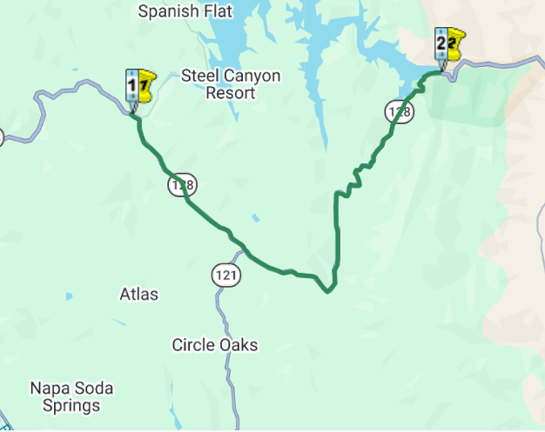 Map of daytime lane closures on State Route 128 for roadway resurfacing in St. Helena/Napa, Napa County.