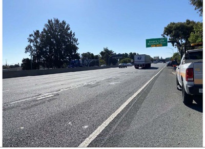 A Caltrans truck is parked on the side of Interstate 680 near the exit to Gregory Lane/Monument Blvd in Contra Costa County.