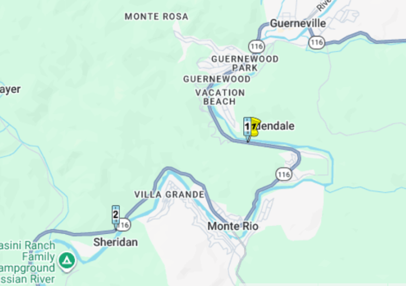 State Route 116 One-way traffic control west of Guerneville, Sonoma County map.