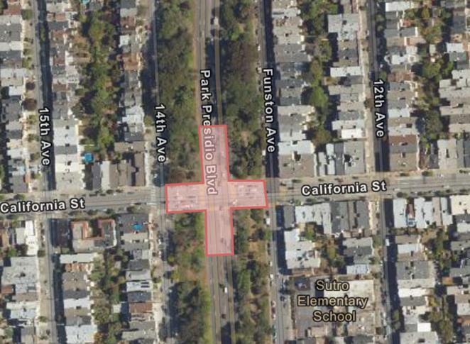 Map location where Caltrans has scheduled lane closures for the 19th Avenue Rehabilitation Project for paving of the California Street and Park Presidio intersection.