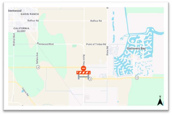 Map of Overnight Full Freeway Closure Between State Route 4  And Byron Highway for Paving Operations.
