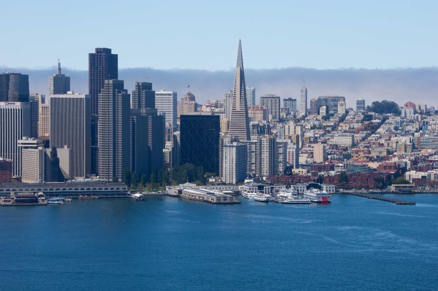 Aerial view of Downtown San Francisco buildings from the Bay.