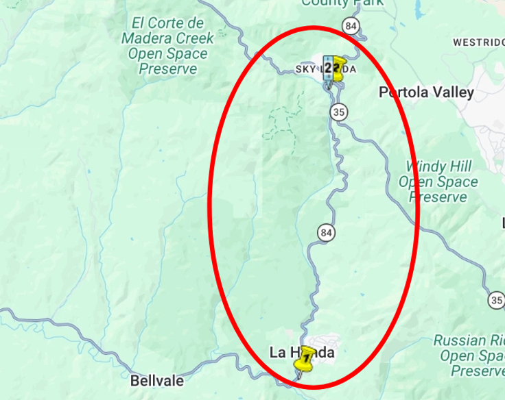 Map where Caltrans crews will conduct routine vegetation management on eastbound and westbound State Route 84 between Kebet Ridge Road and Pescadero Road .