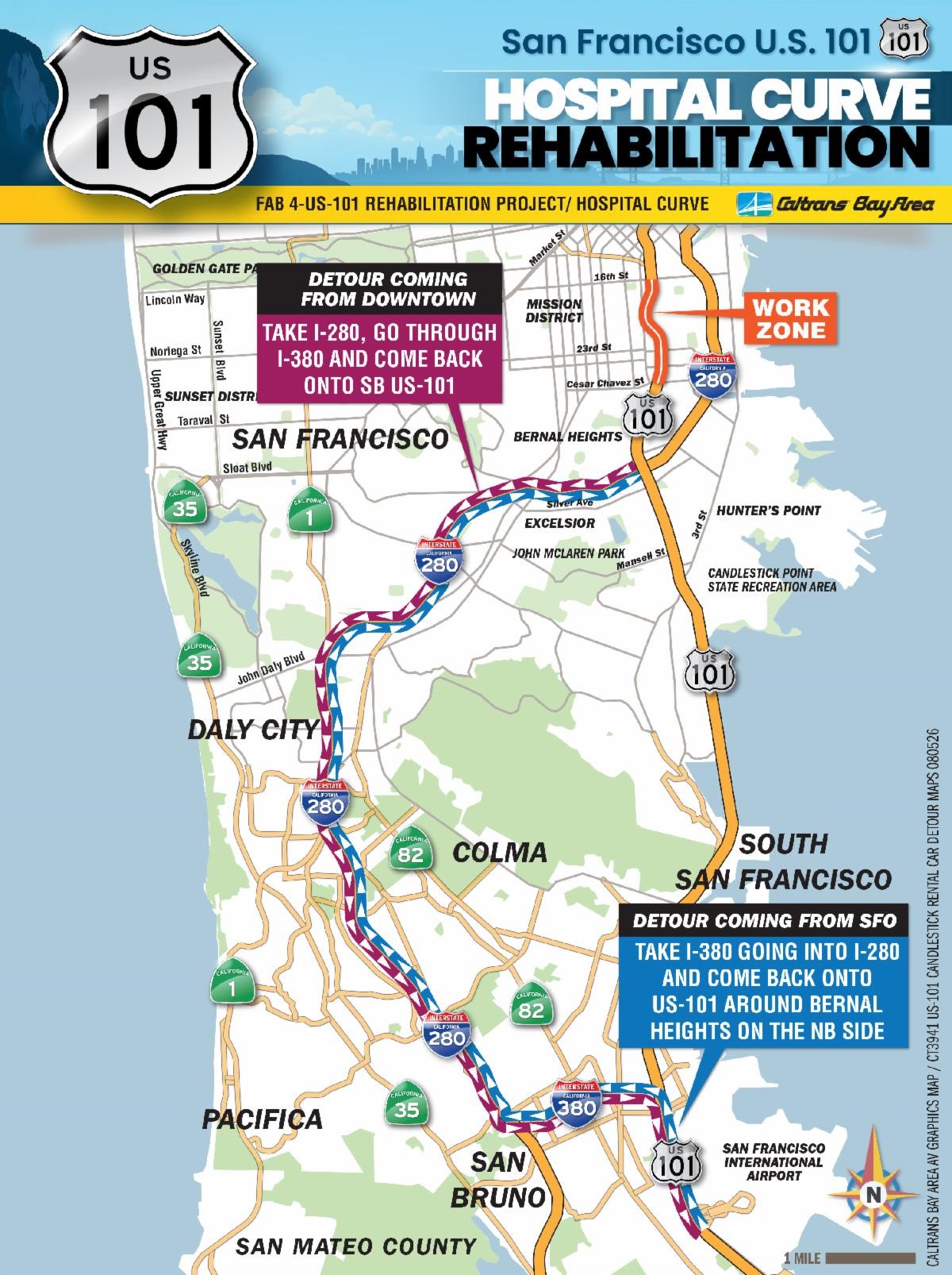 Detour map for the Hospital Curve Rehabilitation project. Motorists are recommended to utilize I-280. For those coming from downtown San Francisco: take I-280, go through I-380 and come back onto southbound US-101. For those coming from SFO: take I-380 going into I-280 and come back onto US-101 around Bernal Heights on the northbound side.