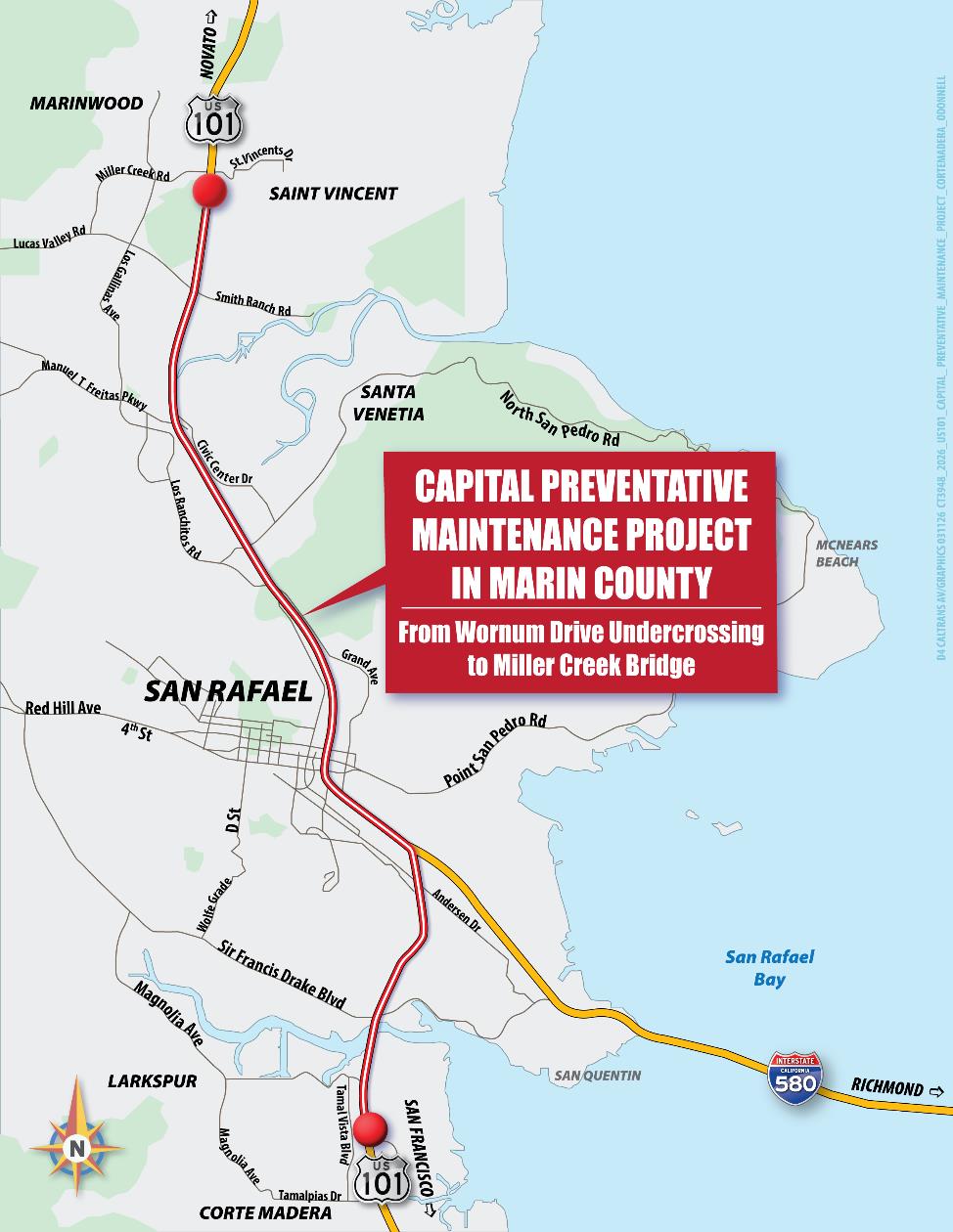 US 101 Capital Preventative Maintenance Project in Marin County Project Map, from the Wornum Creek Undercrossing to the Miller Creek Bridge.