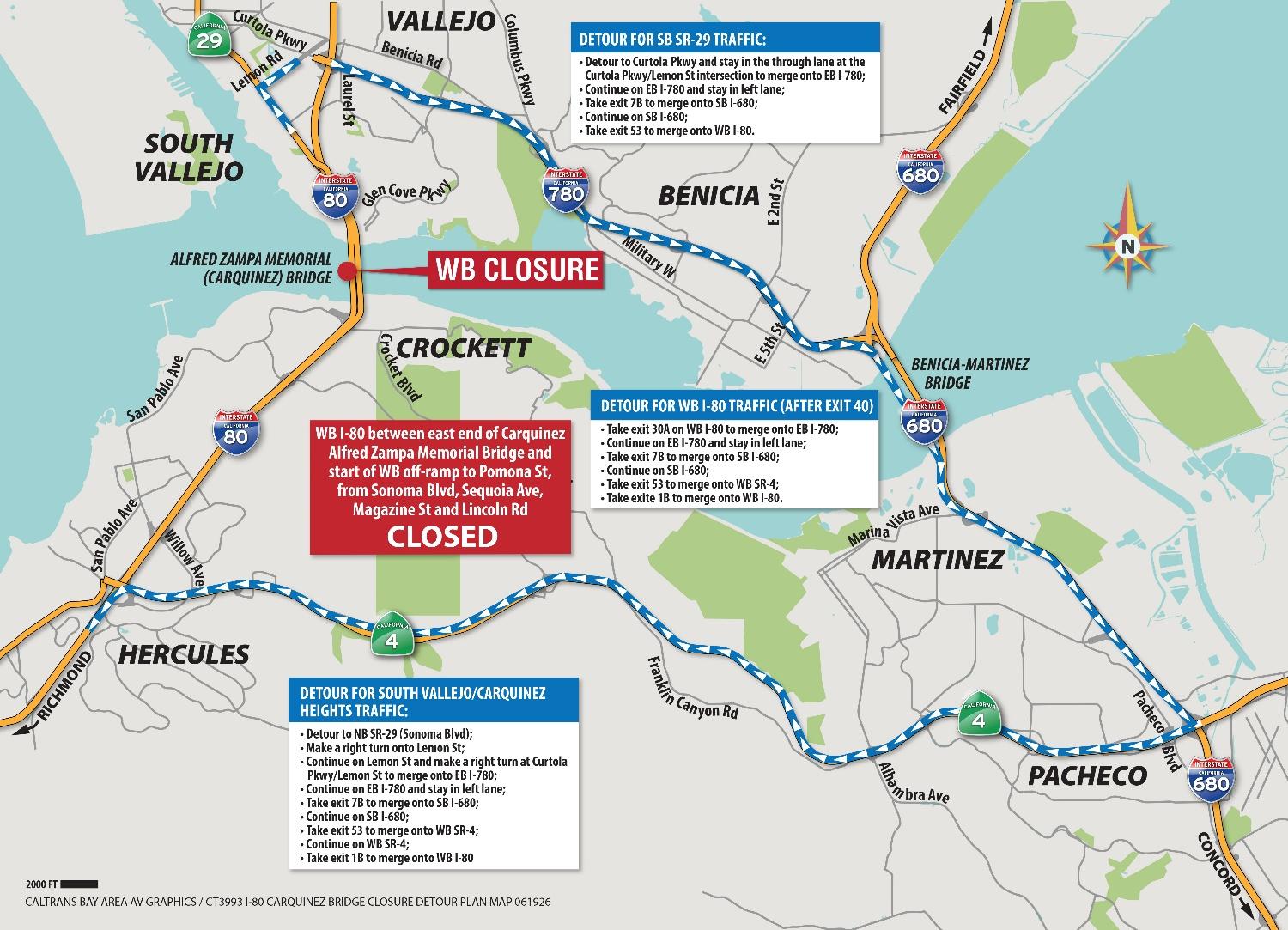 Full Weekend Closure of Westbound I-80 Carquinez (Alfred Zampa) Bridge in the cities of Vallejo and Crockett Local Detour Map. Detour for SB SR-29 traffic; detour to Curtola Pkwy and stay in the through lane at Curtola Pkwy/Lemon St. intersection to merge onto EB I-780; continue on EB I-780 and stay on left lane; take exit 7B to merge onto I-680; take exit 53 to merge onto WB I-80. Detour WB I-80 traffic9after exit 40); take exit 30A on WB I-80 to merge onto EB I-780; continue on EB I-780 and stay in left lane; take exit 7B to merge onto SB I-680; take exit 53 to merge onto SB SR-4; take exit 1B to merge onto WB I-80. Detour for South Vallejo/Carquinez Heights; detour to NB SR-29; make right turn onto Lemon St;  continue on Lemon St and make right at Curtola Pkway/Lemon St to merge onto EB I-780; continue on EB I-780 and stay in left lane; take exit 7B to merge onto I-680; take exit 53 to merge onto WB SR-4; take exit 1B to merge onto WB I-80.