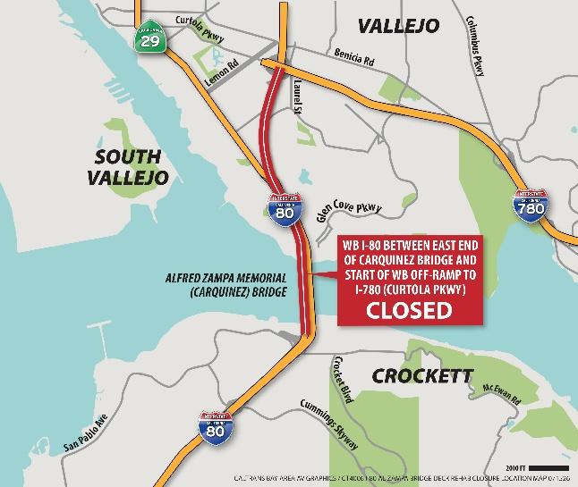 Full Weekend Closure of Westbound I-80 Carquinez (Alfred Zampa) Bridge in the cities of Vallejo and Crockett Map. WB I-80 between end of Carquinez Bridge and start of WB off-ramp to I-780 (Curtola Pkwy) closed.
