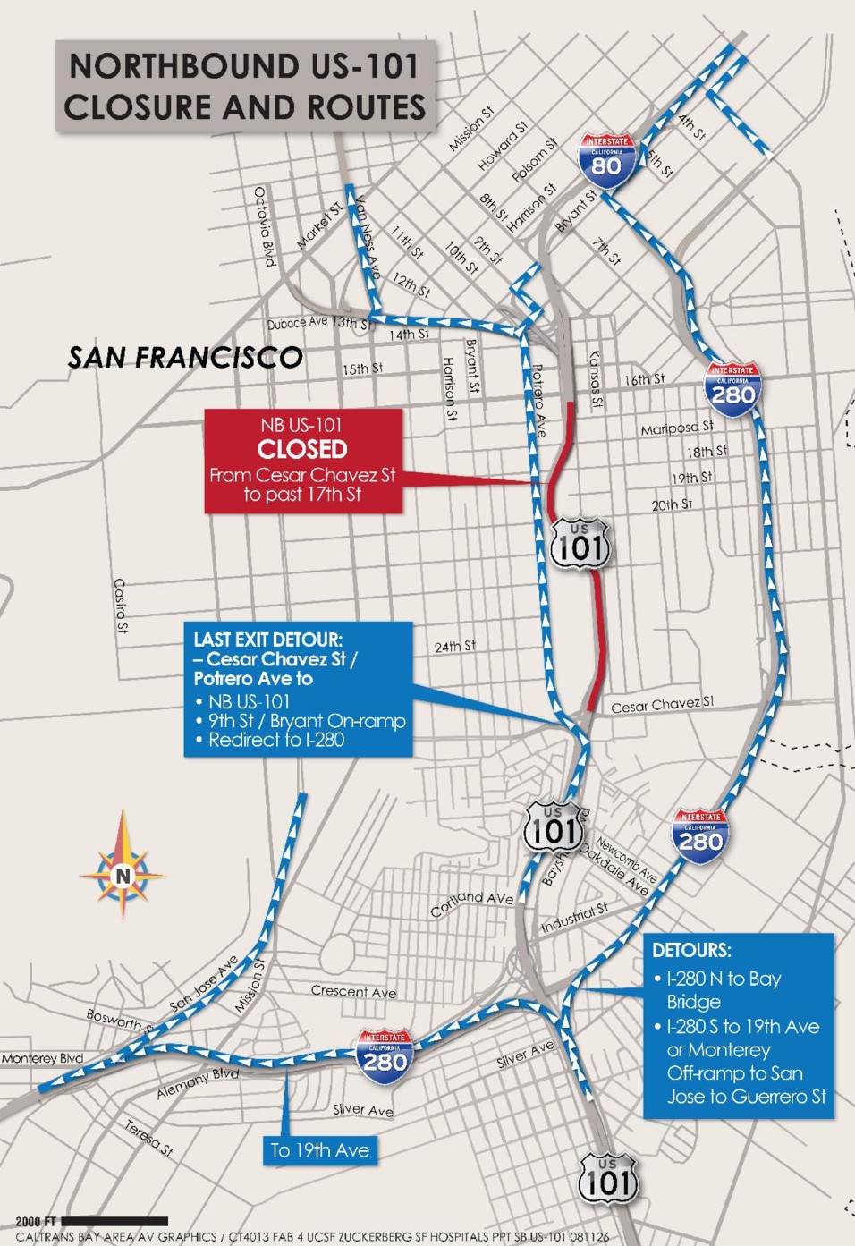 US 101 Bayshore Freeway (Hospital Curve) Detour Map for Northbound Closures from Cesar Chavez St to past 17th St. Last exit detour at Cesar Chavez St and Potrero Ave, NB US-101; 9th St / Bryant On-ramp; redirect to I-280.  I-280 N to Bay Bridge Detour: I-280 S to 19th Ave or Monterey Off-ramp to San Jose to Guerrero St.