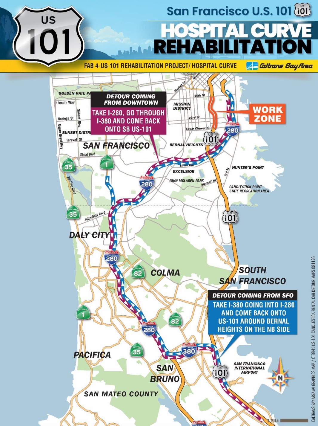 US 101 Bayshore Freeway (Hospital Curve) Detour Map for Northbound Closures from San Francisco Airport and Rental Car Center, the Peninsula and the South Bay. Detour coming form Downtown: Take I-280, go through I-380 and come back onto SB US-101.  Detour coming from SFO: take I-380 going into I-280 and come back onto US-101 around Bernal Heights on the NB side.