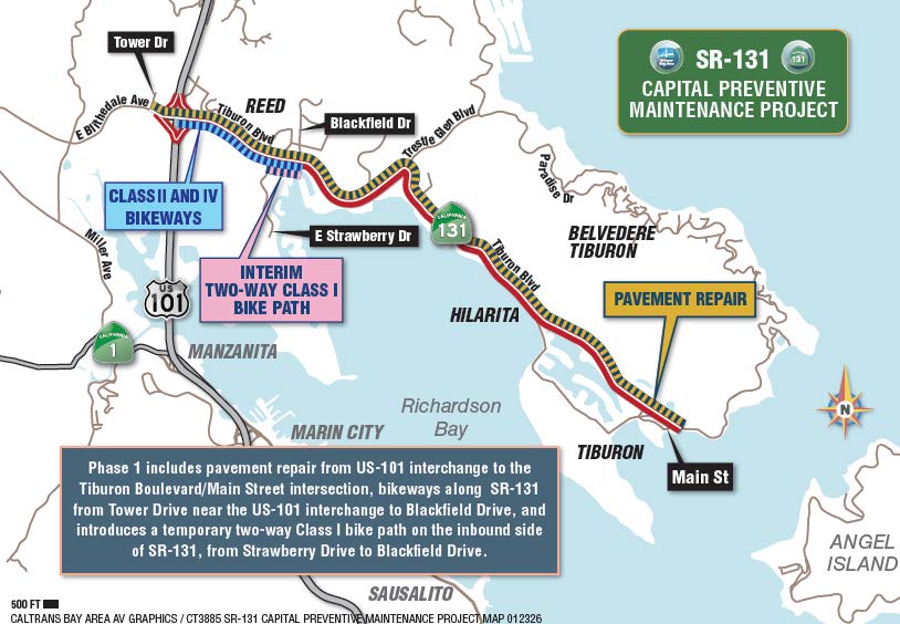 State Route 131 Capital Preventative Maintenance Project Map 2026. Phase 1 includes pavement repair from US-101 interchange tot he Tiburon Boulevard/Main Street intersection, bikeways along SR-131 from Tower Drive near US-101 interchange to Blackfield Drive, and introduces a temporary two-way Class 1 bike path on the inbound side of SR-131, from Strawberry Drive to Blackfield Drive.