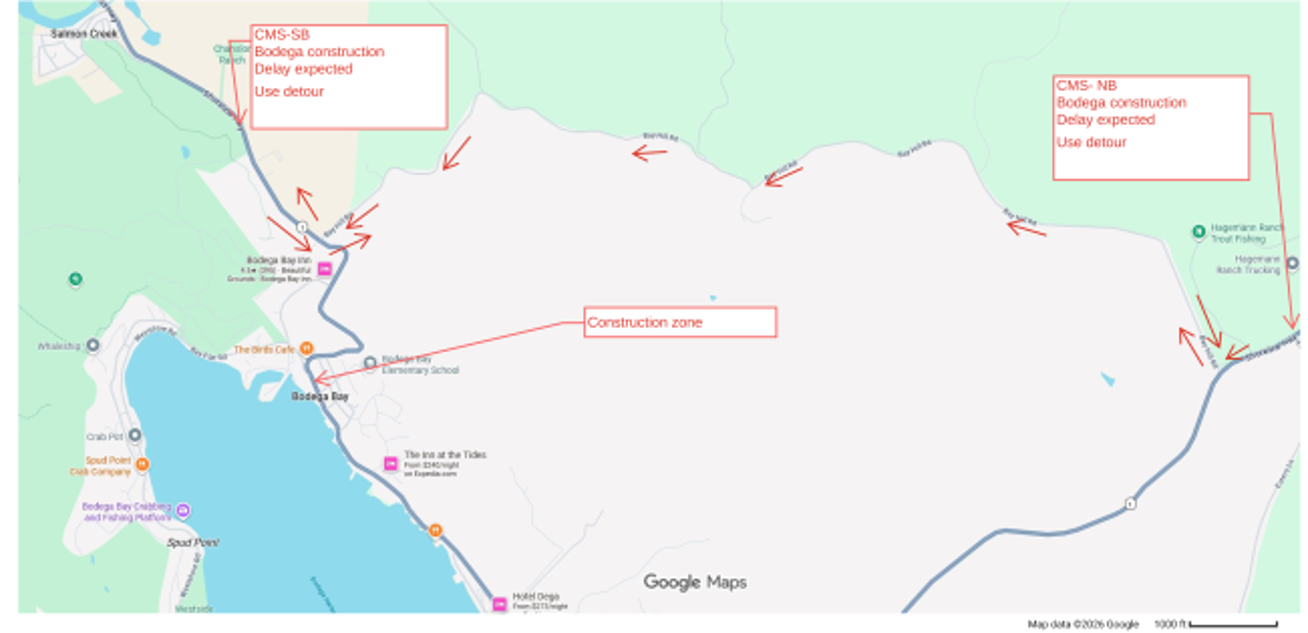 One-way traffic control and temporary traffic signals Shoreline Road/SR-1 from Bay Flat Road to Kent Avenue (SR-1) in Bodega Bay, Sonoma County. Delay's expected, detours routes will be in place along Bay Hill Road. 