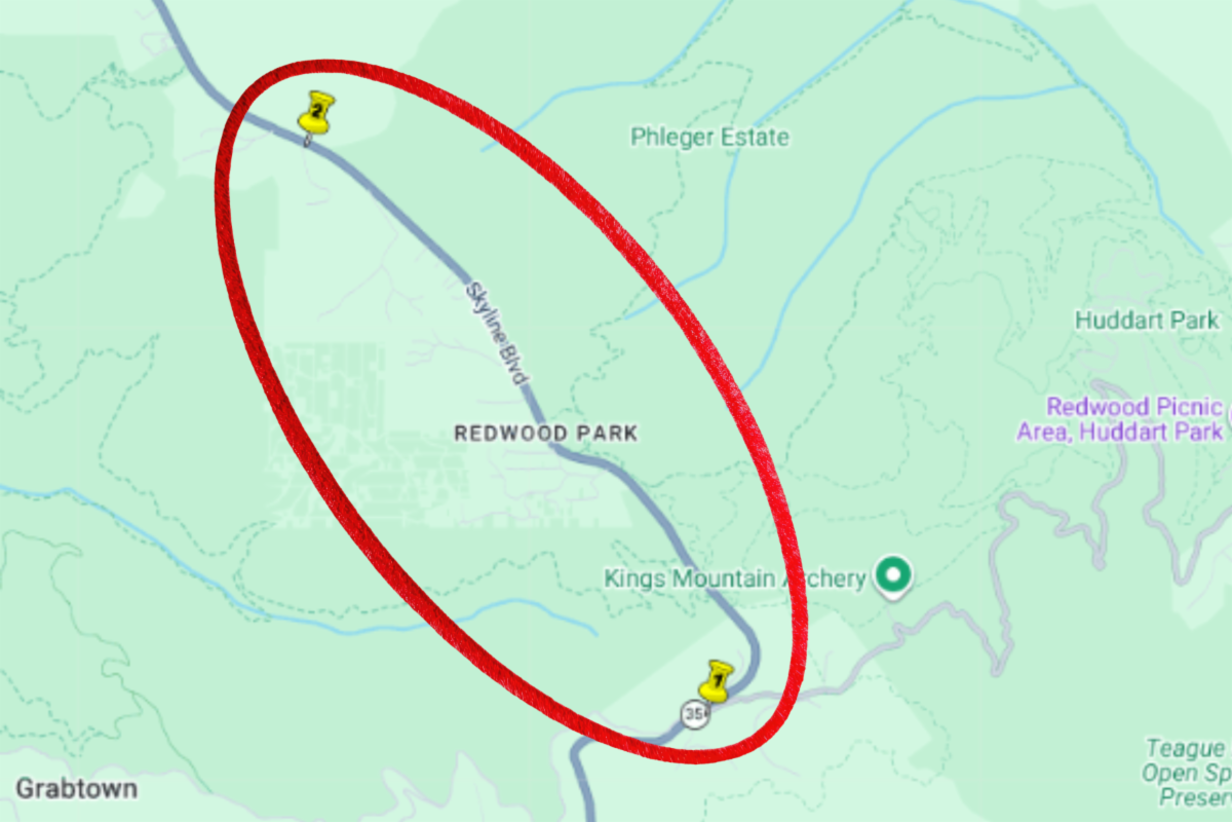 Map showing the locations where Caltrans will be performing vegetation management work on northbound and southbound right-hand shoulders on State Route 35 between Kings Mountain Road and Comstock Road in the city of Woodside.