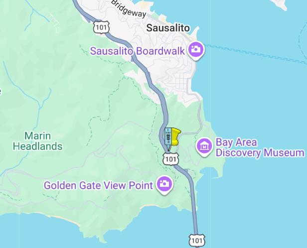 Map location of nightly  lane closures for the Slide Project on Southbound US-101 in City of Sausalito, Marin County