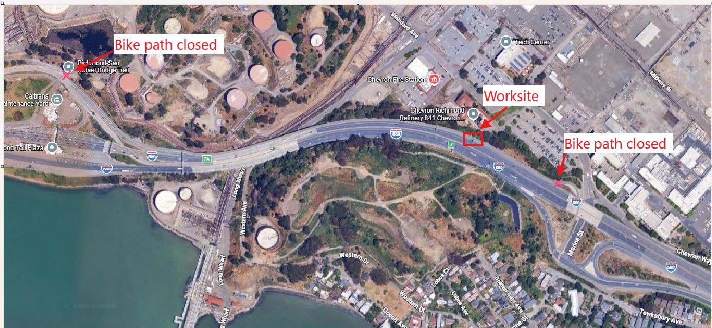 Overnight lane closure and bike trail closures on Interstate 580 for Richmond-San Rafael Bridge ORT Project map.