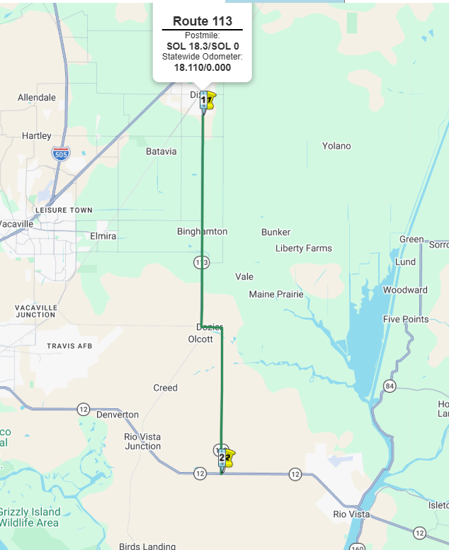 Map showing State Route 113 in Solano County between State Route 12 and the town of Dixon.