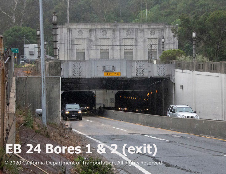 Cars exiting the Caldecott Tunnel bores 1 and 2 on eastbound State Route 24.