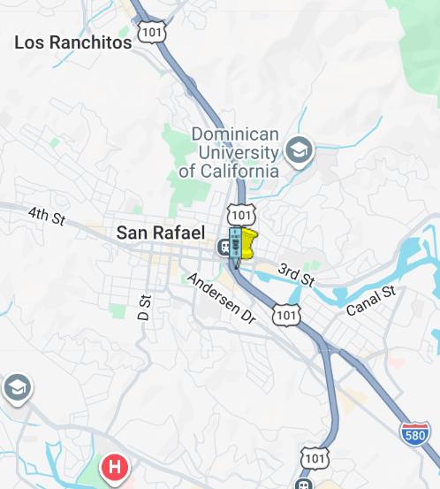 Map location of nightly northbound lane and partial 2nd Street off ramp closure on US-101 in San Rafael.