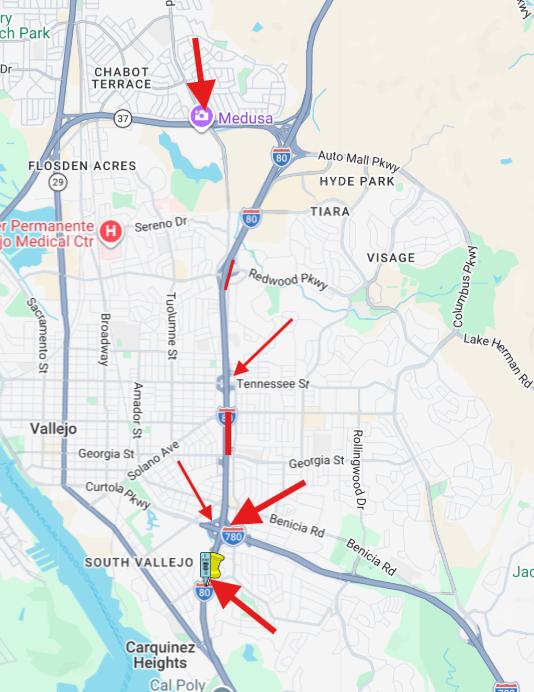 Nighttime lane closures and on/off-ramp lane closures at various locations on Interstate 80 (I-80) in Vallejo City, Solano County. Dates and closure locations are listed in this advisory.