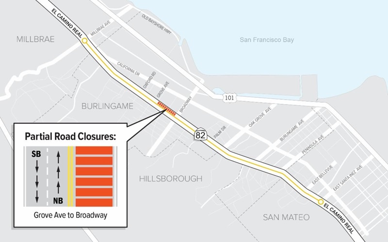 Map showing the partial closure of El Camino Real in Burlingame. Northbound lanes will remain closed daily from 8 a.m. to 5 p.m. from Grove Avenue to Broadway.