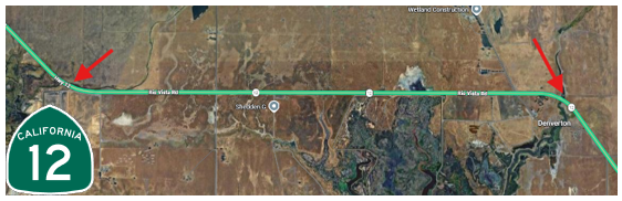 Map of State Route 12 in Solano County with the start and end points of the nightly traffic control between Union Creek Bridge and Deverton Bridge indicated by red arrows.