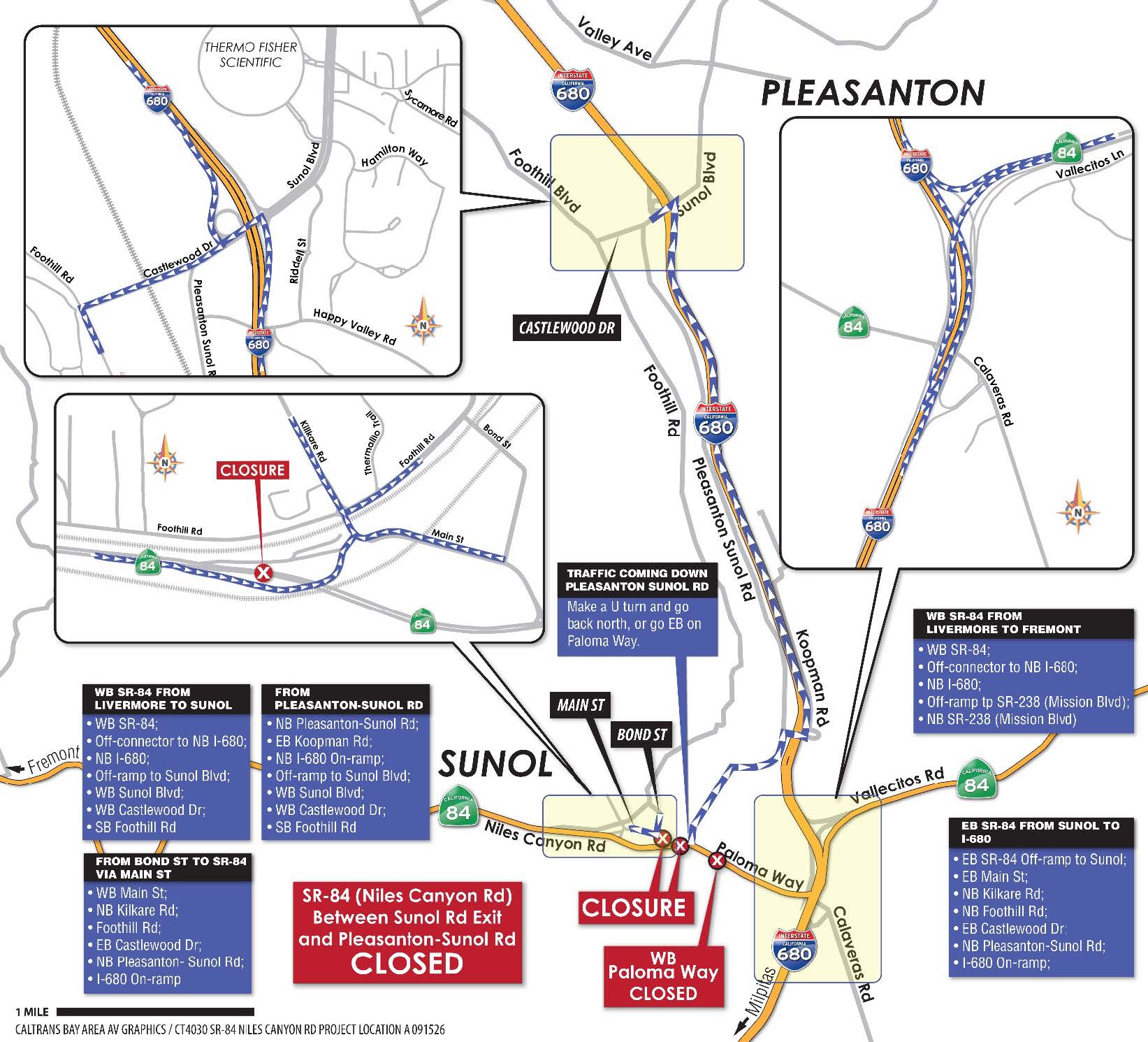 14-Hour Full Closure of State Route 84 (Niles Canyon Road) at Arroyo de la Laguna Bridge for Girder Installation detour map. See below for posted detour routes.