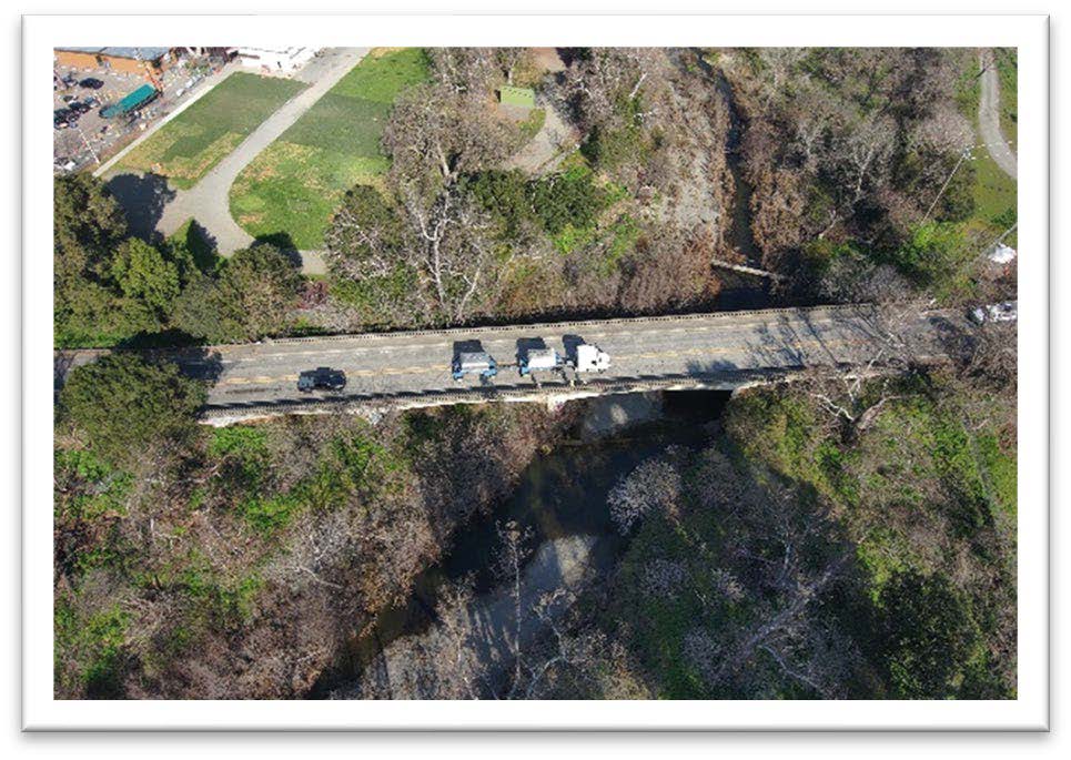 Aerial view of State Route 84 (Niles Canyon Road) at Arroyo de la Laguna Bridge.
