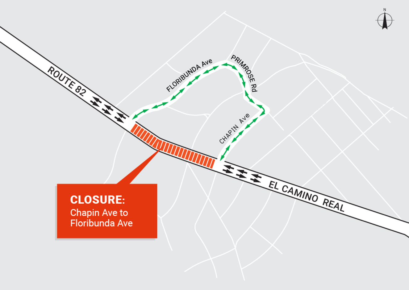 Short-Term Full Closures on SR-82 (El Camino Real) in Burlingame for Tree Work detour map. Detour from Chapin Ave to Floribunda Ave. Driving north on El Camino Real, turn right on Chapin Ave, left on Primrose Road, left on Floribunda Ave, and right on to El Camino Real. Detour: Chapin Ave to Floribunda Ave  Driving north on El Camino Real, turn right on Chapin Ave, left on Primrose Road, left on Floribunda Ave, and right on to El Camino Real.  Driving south on El Camino Real, turn left on Floribunda Ave, right on Primrose Road, right on Chapin Ave, and left on to El Camino Real. 