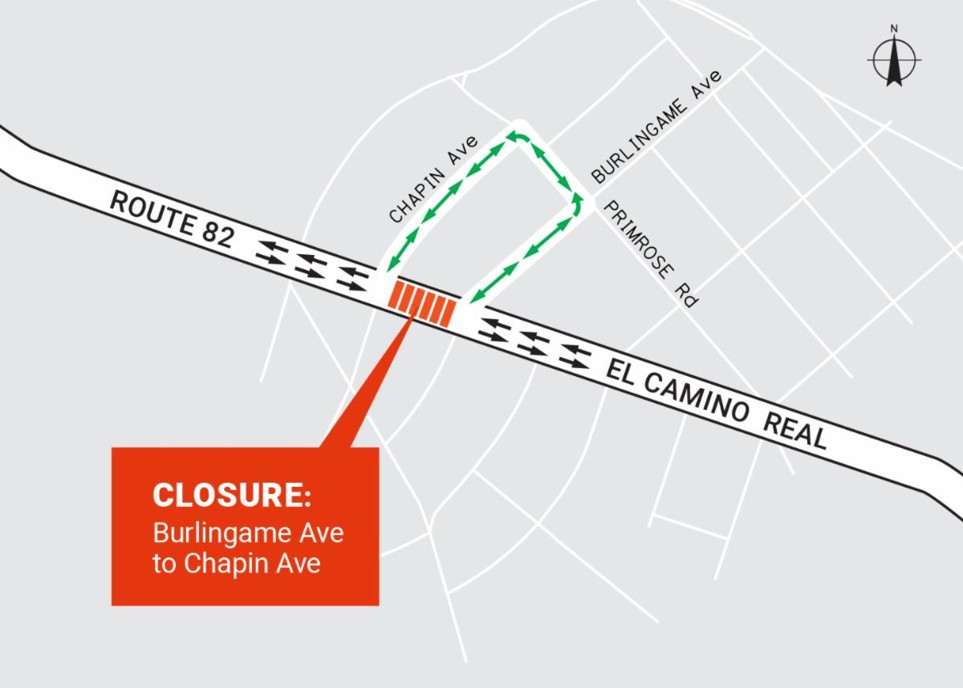 Short-Term Full Closures on SR-82 (El Camino Real) in Burlingame for Tree Work detour map. Detour from Burlingame Ave to Chapin Ave. Driving north on El Camino Real, turn right on Burlingame ave, left on Primrose Rd, left on Chapin Ave, and right on to El Camino Real.  Driving south on El Camino Real, turn left on Chapin Ave, right on Primrose Rd, right on Burlingame Ave, and left on to El Camino Real. 