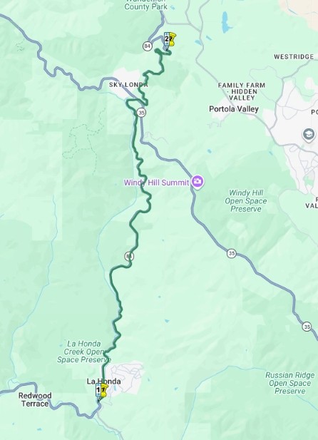 Map of State Route 84 showing the area of the one-way traffic control between La Honda and Woodside in San Mateo County.