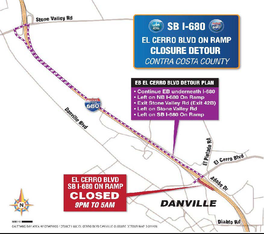Detour map for motorists coming from eastbound El Cerro Boulevard during the closure of the on-ramp to southbound Interstate 680. Motorists should: continue eastbound underneath I-680; turn left on northbound I-680 On Ramp; exit at Stone Valley Road (Exit 42B); turn left on Stone Valley Road; turn left onto the southbound I-680 On Ramp.