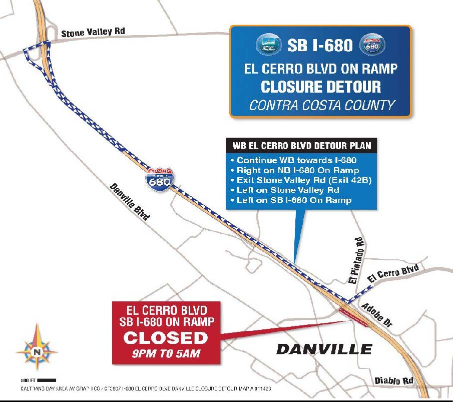 Detour map for motorists coming from westbound El Cerro Boulevard during the closure of the on-ramp to southbound Interstate 680. Motorists should: continue westbound towards I-680; turn right on the northbound I-680 On Ramp; exit at Stone Valley Road (Exit 42B); turn left on Stone Valley Road; turn left onto the southbound I-680 On Ramp.