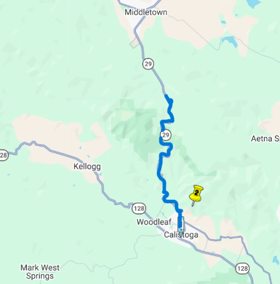 Map of State Route 29 in Napa county showing the section of SR-29 between the intersection of SR-29 and SR-128 in Calistoga to the Napa/Lake county Line that is subject to overnight lane closures.