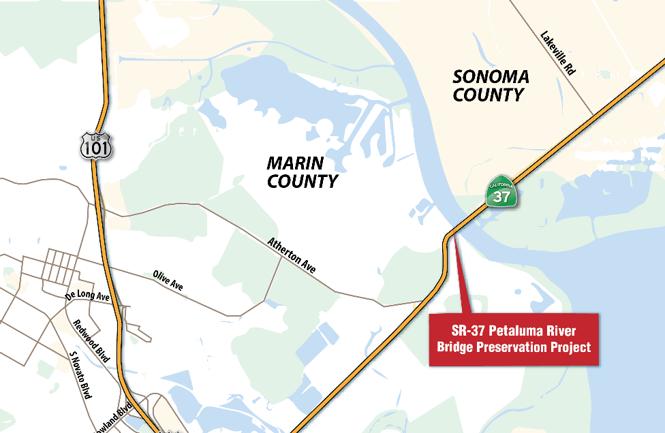 Map showing the location of the Petaluma River Bridge Preservation Project on State Route 37 at the border of Marin and Sonoma counties.