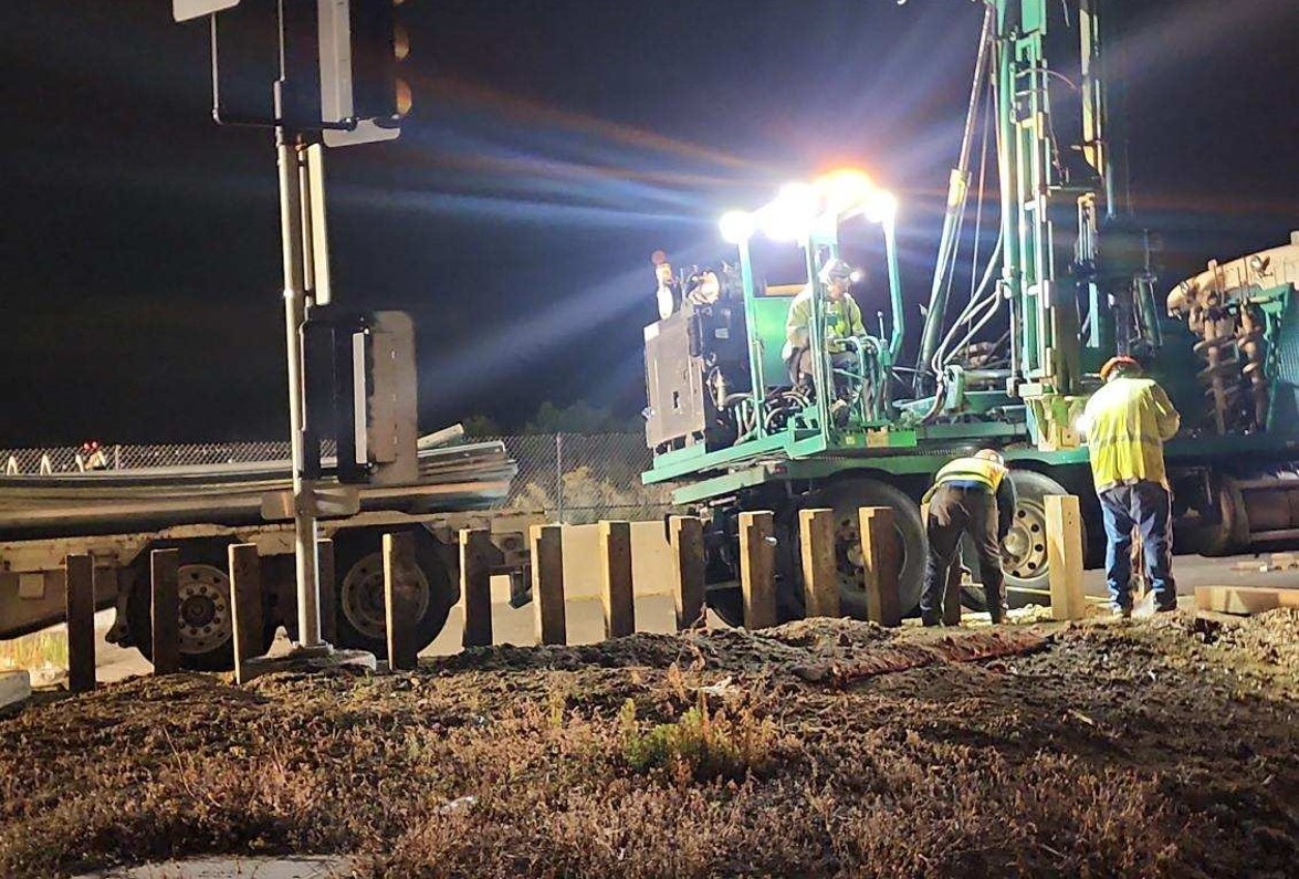 Caltrans crews working at night on U.S. 101.