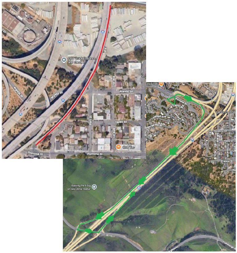 Map and detour for daytime Ramp and Lane Closure on Interstate-80 (I-80) Carquinez  Bridge, Solano/Contra Costa County. Detour take the Westbound (WB)  Pomona on-ramp to WB I-80 and take the first  exit, Cumming Skyway off-ramp. Turn left across  the overcrossing, then proceed to take the on-  ramp to EB I- 80 across the Carquinez Bridge. 