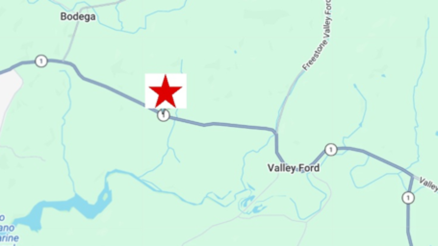 Map location of where one way traffic control for construction work on State Route 1 between Bodega and Valley Ford in Sonoma County.